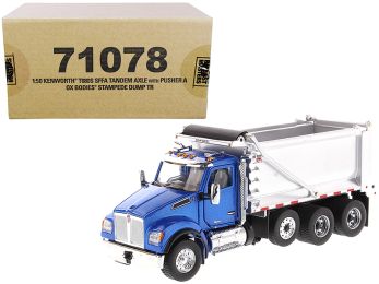 Kenworth T880S SFFA Tandem Axle with Pusher Axle OX Stampede Dump Truck Blue and Chrome "Transport Series" 1/50 Diecast Model by Diecast Masters