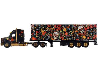 Western Star 49X with 40 Ft Container "Dia de los Muertos" (Day of the Dead) Black with Graphics 1/64 Diecast Model by Mini GT